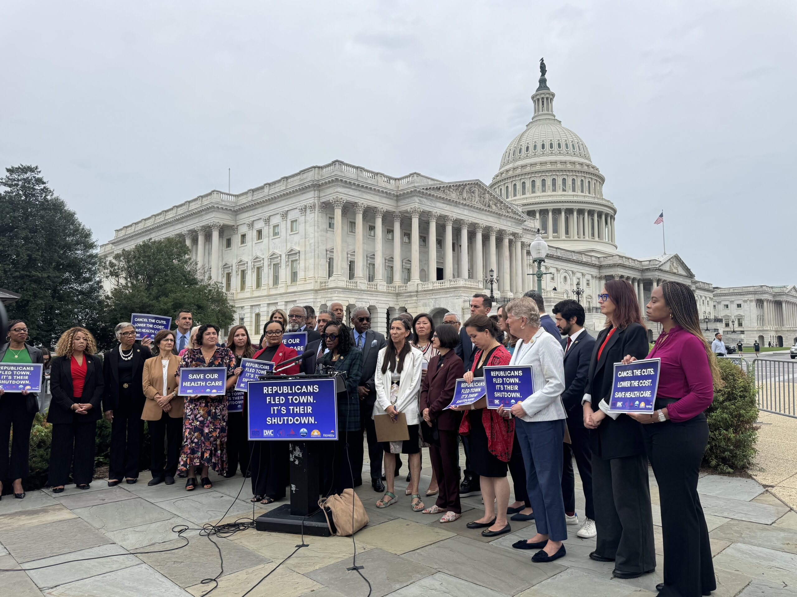 Congressional Black Caucus Chair Yvette Clarke, a New York Democrat, speaks at a press conference outside the U.S. Capitol in Washington, D.C., on Sept. 30, 2025. (Photo by Shauneen Miranda/States Newsroom)