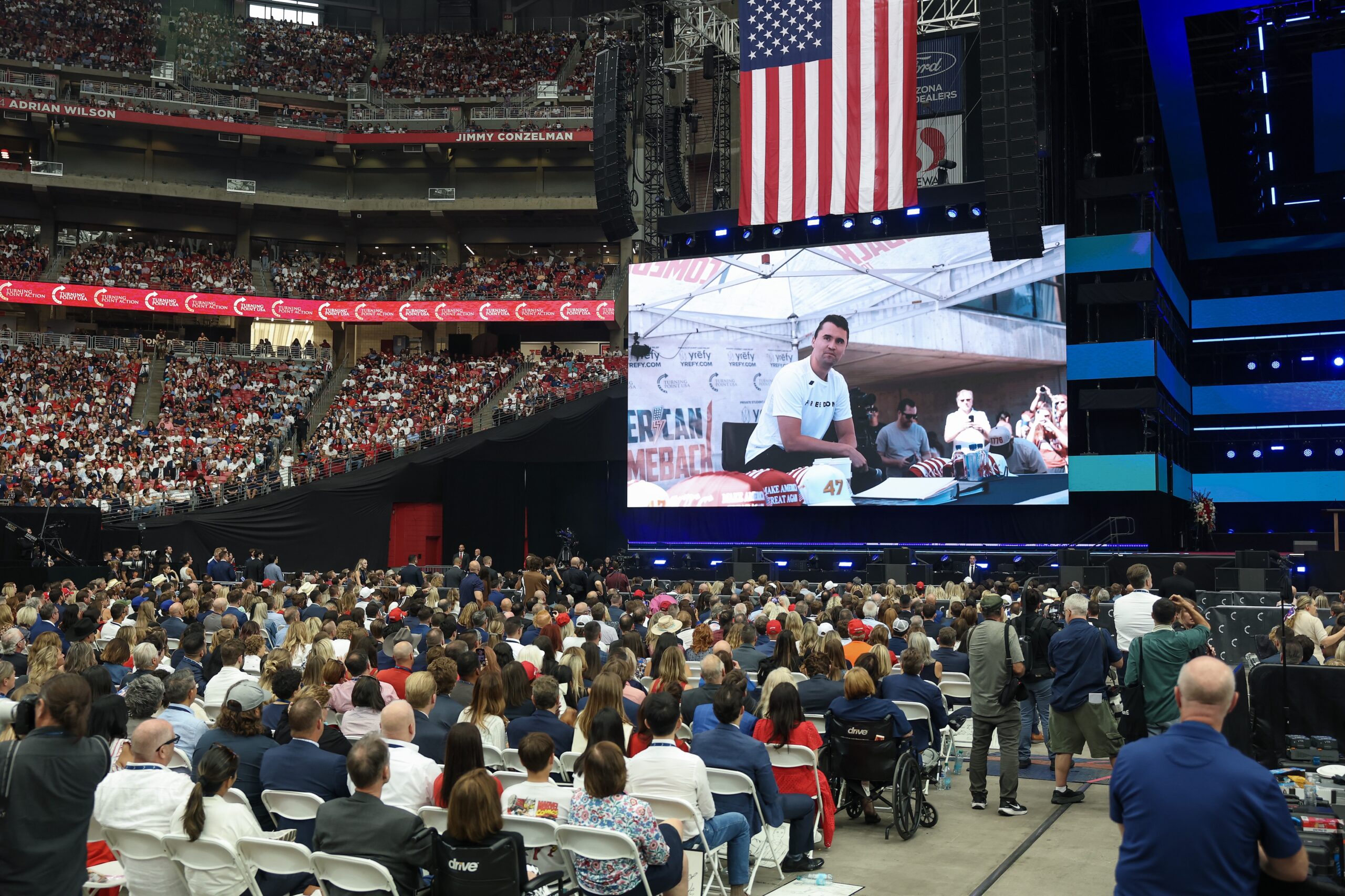 The memorial service is held for conservative political activist Charlie Kirk at State Farm Stadium on Sept. 21, 2025 in Glendale, Arizona. Kirk, the CEO and co-founder of Turning Point USA, was shot and killed on Sept. 10 while speaking at an event during his "American Comeback Tour" at Utah Valley University. (Photo by Joe Raedle/Getty Images)