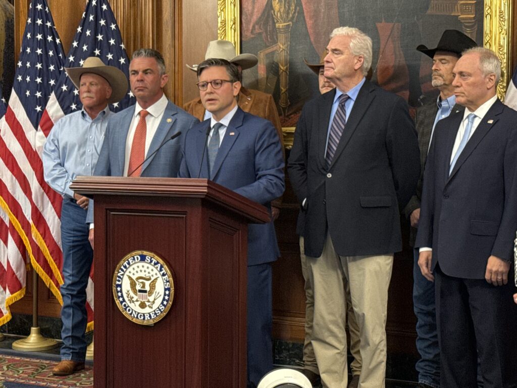 U.S. House Speaker Mike Johnson answers reporters' questions during a press conference in the Rayburn Room inside the Capitol building in Washington, D.C. on Tuesday, Sept. 16, 2025. Also pictured, from left to right, are California rancher and former president of the National Cattlemen's Beef Association Kevin Kester; Wisconsin Republican Rep. Tony Wied; Republican Whip Tom Emmer, R-Minn.; and Majority Leader Steve Scalise, R-La. (Photo by Jennifer Shutt/States Newsroom)