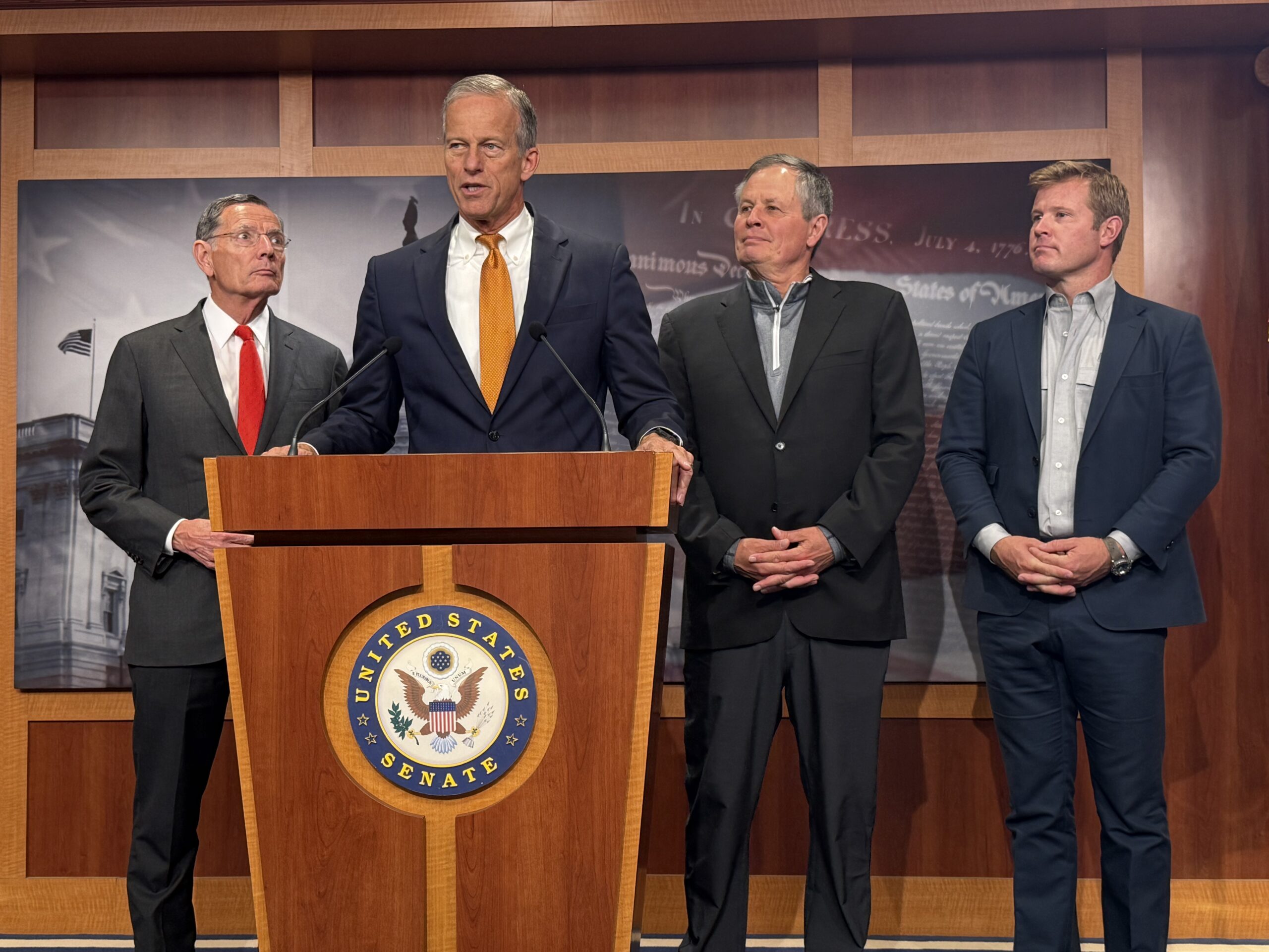 U.S. Senate Majority Leader John Thune, R-S.D., speaks with reporters inside the Capitol building in Washington, D.C., on Friday, Sept. 19, 2025. Also pictured, from left to right, are Senate Majority Whip John Barrasso, R-Wyo., and Montana Republican Sens. Steve Daines and Tim Sheehy.