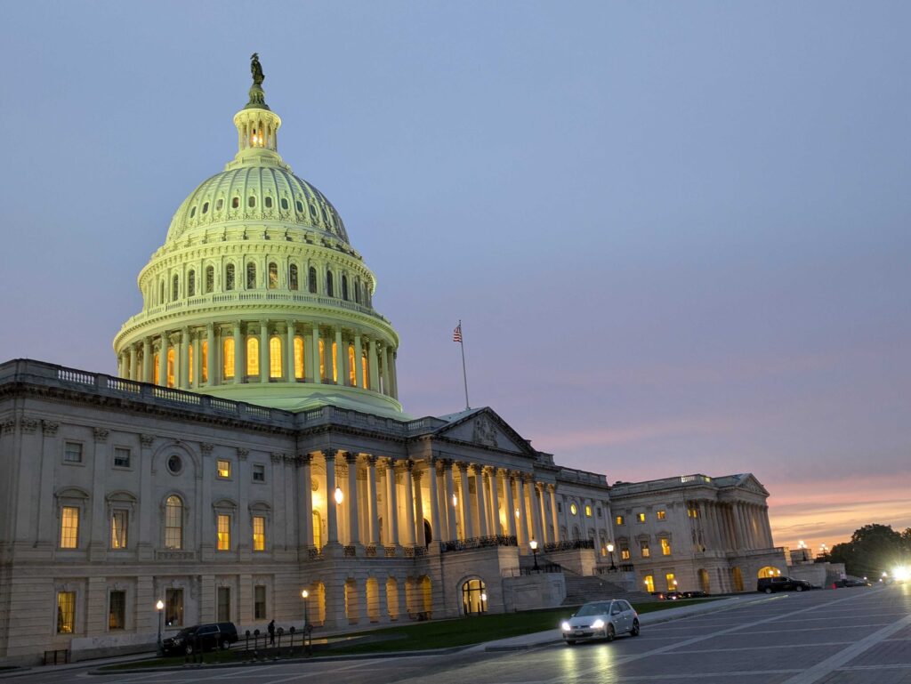 The U.S. Capitol on the evening of Tuesday, Sept. 30, 2025, just hours before a federal government shutdown. (Photo by Ashley Murray/States Newsroom)