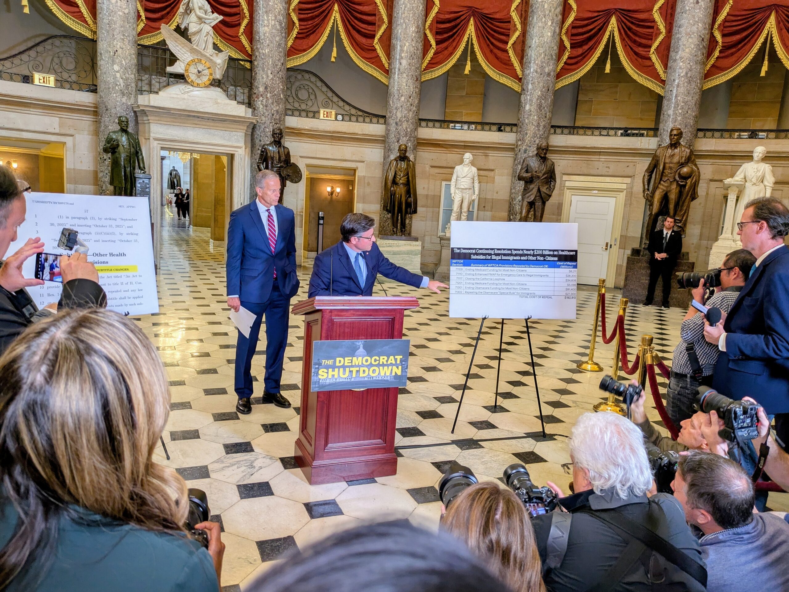 U.S. House Speaker Mike Johnson, R-La., speaks at a press conference, with Senate Majority Leader John Thune, R-S.D., standing in back of him, on Oct. 3, 2025. (Photo by Ashley Murray/States Newsroom)