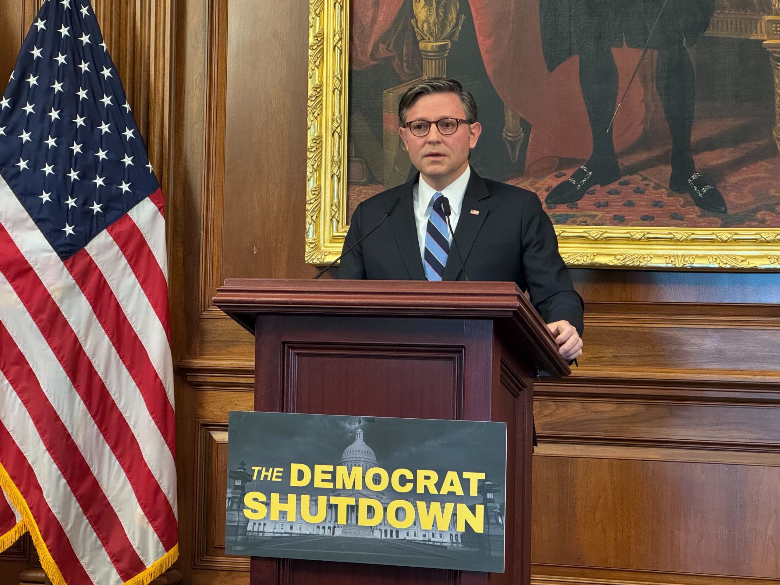 U.S. House Speaker Mike Johnson, a Louisiana Republican, speaks at a press conference Oct. 7, 2025, at the U.S. Capitol in Washington, D.C. (Photo by Shauneen Miranda/States Newsroom)