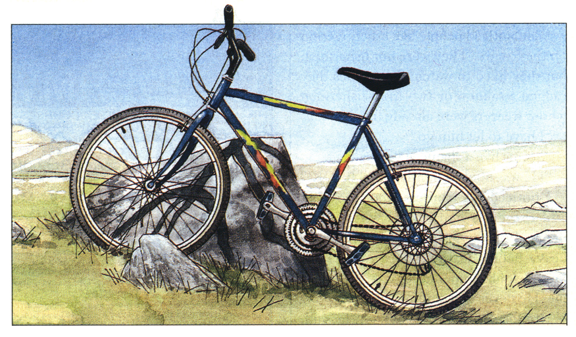 An illustration of a 1980s-era mountain bike