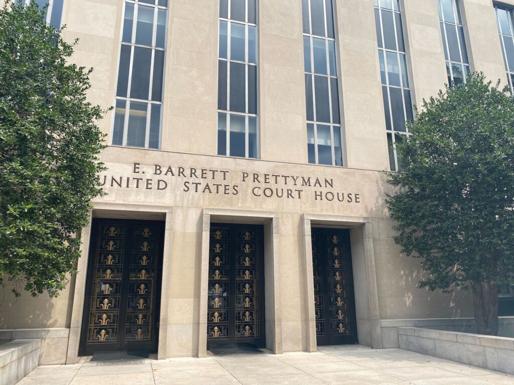 The front entrance of the E. Barrett Prettyman U.S. Courthouse in Washington, D.C., on Aug. 3, 2023. (Jennifer Shutt/States Newsroom)