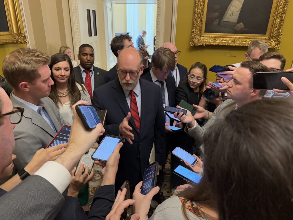 White House budget director Russ Vought, who is depicted as the Grim Reaper in a video posted by President Donald Trump during the shutdown in October 2025,  speaks with reporters inside the U.S. Capitol building on July 15, 2025. (Photo by Jennifer Shutt/States Newsroom)
