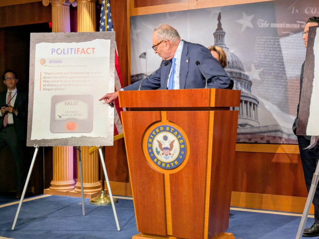 Senate Minority Leader Chuck Schumer of New York speaks to reporters at a press conference at the U.S. Capitol during the third day of a federal government shutdown, on Friday, Oct. 3, 2025. (Photo by Ashley Murray/States Newsroom)